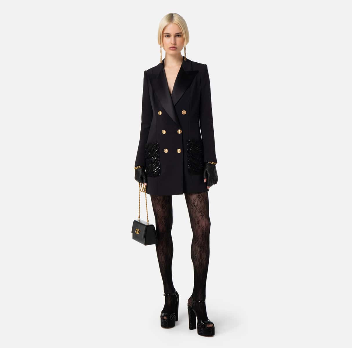Coat dress in double layer crêpe fabric with embroidered pockets - Image 3